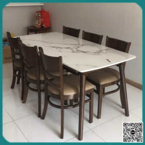 Bộ bàn ăn giá rẻ 6 ghế màu nâu mặt giả đá (BAN-04)