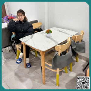 Bộ bàn ăn giá rẻ gỗ tự nhiên mặt giả đá (BAN-02)